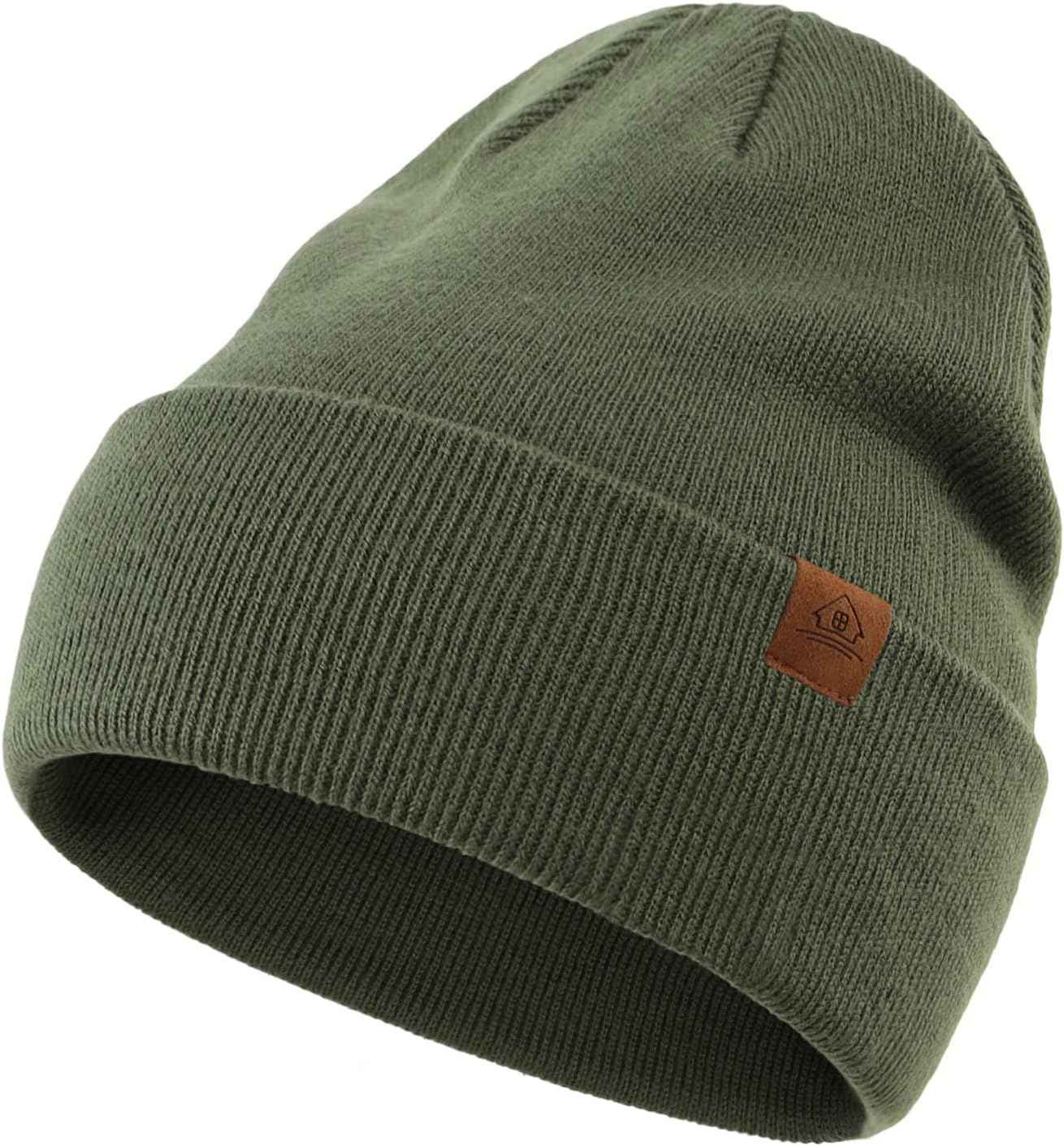 Olive Green Leather Patch Beanie